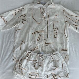 Petal & Pup White Button Down Shirt with Brown Abstract Design